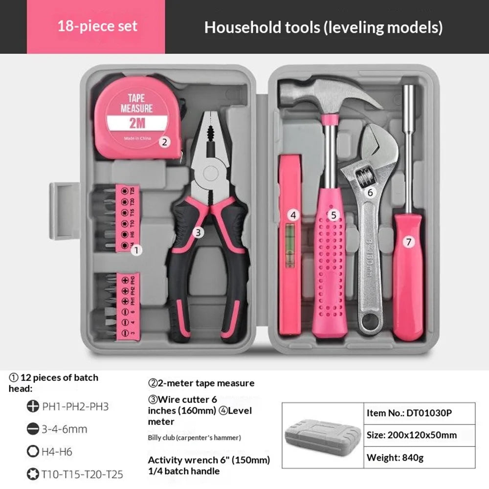 18Pcs Tool Set Household Hardware Repair Kit with Tape Measure Pliers Screwdriver Hammer Level - Pink - 2