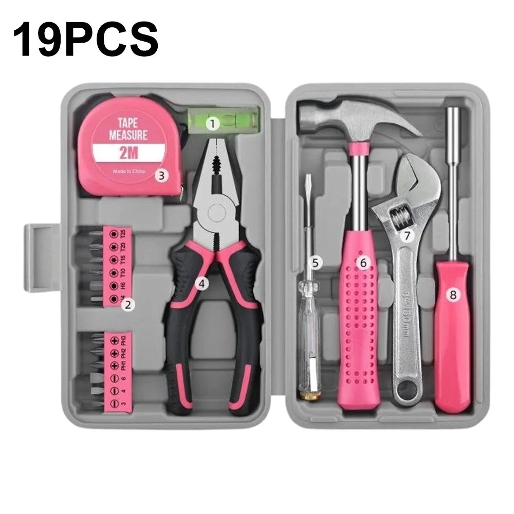 19Pcs Tool Kit Set Household Repair Tools Box with Level Bubble Voltage Tester Wrench Pliers for Home - Pink - 1