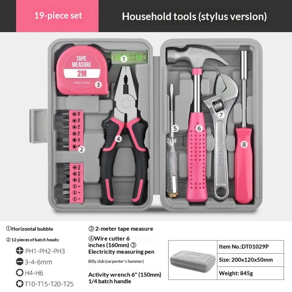 19Pcs Tool Kit Set Household Repair Tools Box with Level Bubble Voltage Tester Wrench Pliers for Home - Pink - 2