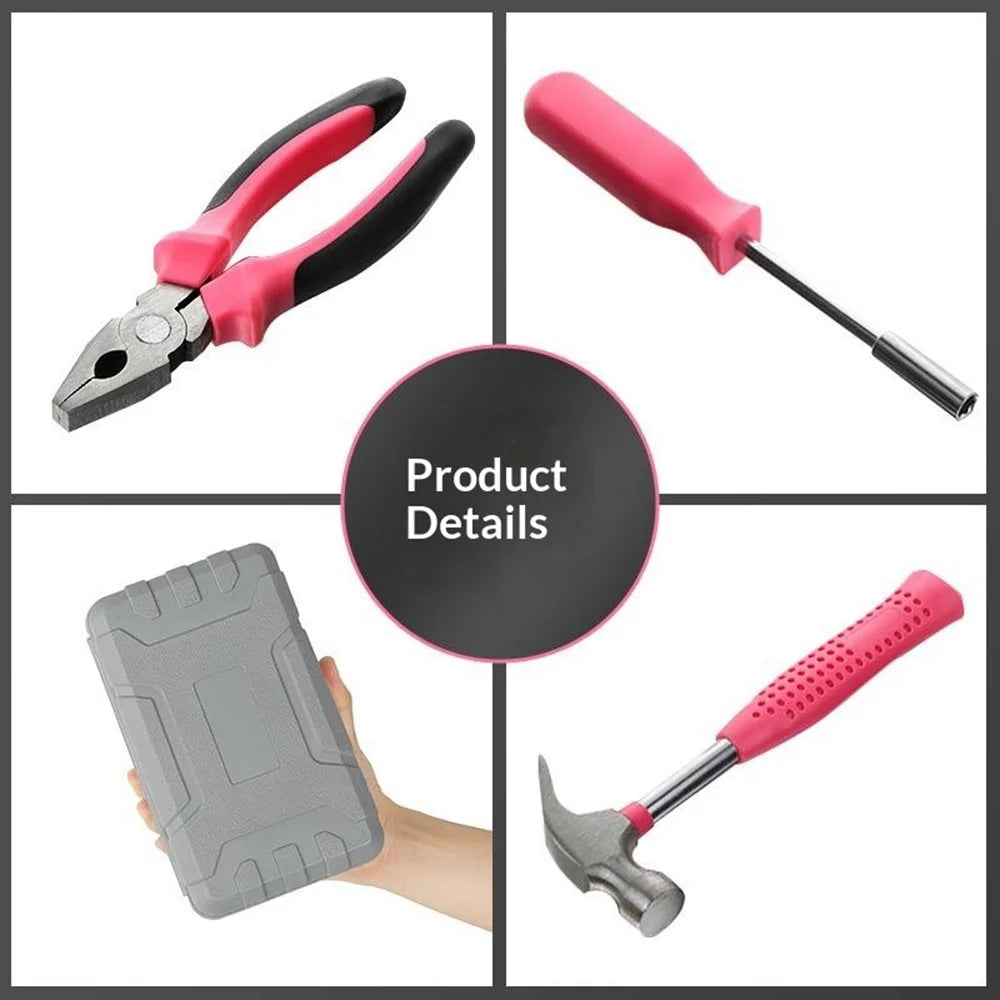 19Pcs Tool Kit Set Household Repair Tools Box with Level Bubble Voltage Tester Wrench Pliers for Home - Pink - 4