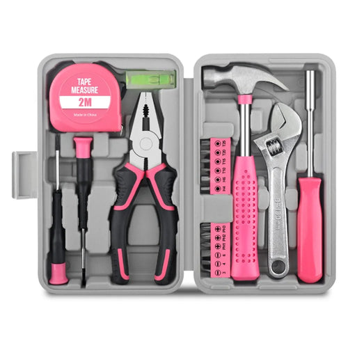 20Pcs Repair Tool Set with Case Household Hardware Repair Kit with Wrench Screwdriver Pliers Hammer Tape Measure - Pink - 1