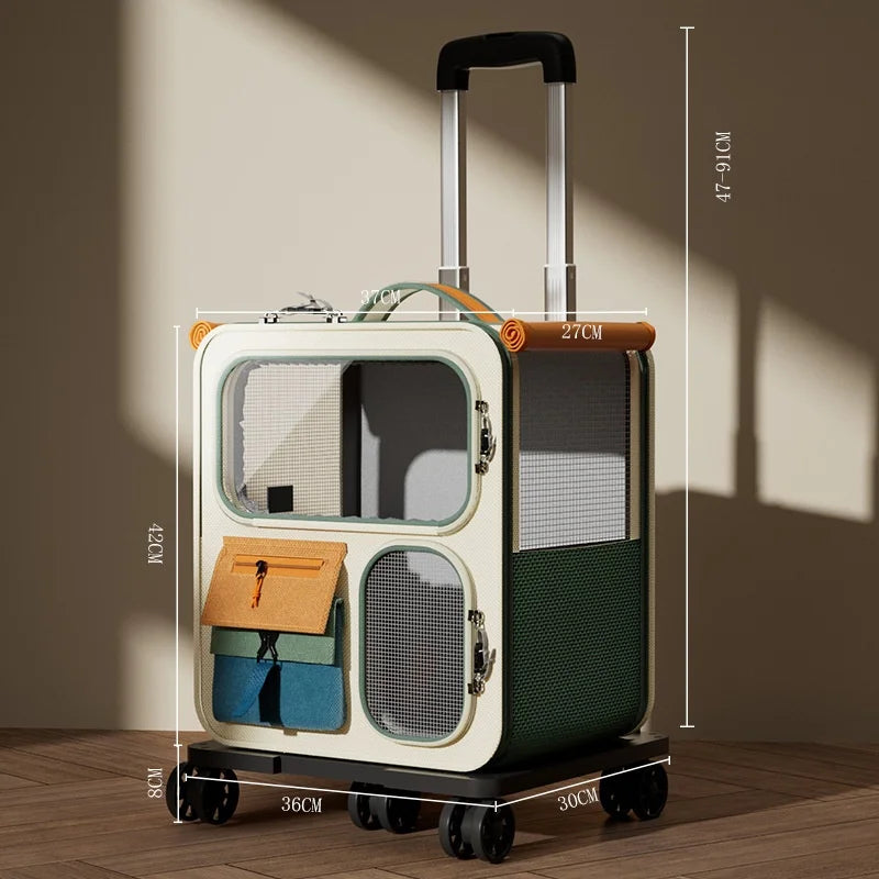3 in 1 Cat Carrier Backpack Trolley Bag with Wheels Large Capacity Breathable Pet Travel Rolling Luggage - Beige+Green - 1