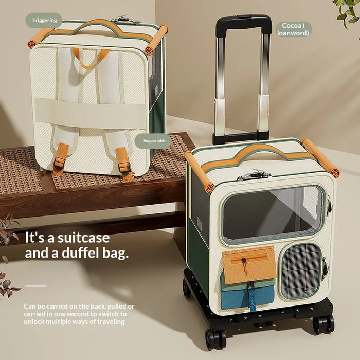 3 in 1 Cat Carrier Backpack Trolley Bag with Wheels Large Capacity Breathable Pet Travel Rolling Luggage - Beige+Green - 3