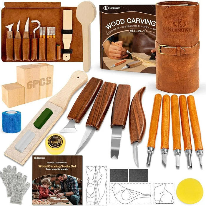 29Pcs Wood Carving Tool Kit Hand Carving Knife Set with PU Leather Roll-up Bag - 1