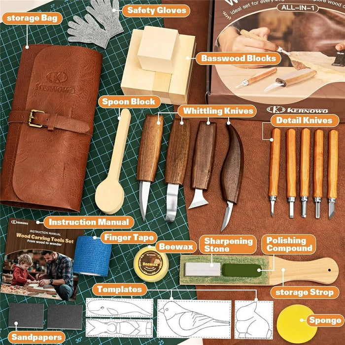 29Pcs Wood Carving Tool Kit Hand Carving Knife Set with PU Leather Roll-up Bag - 6