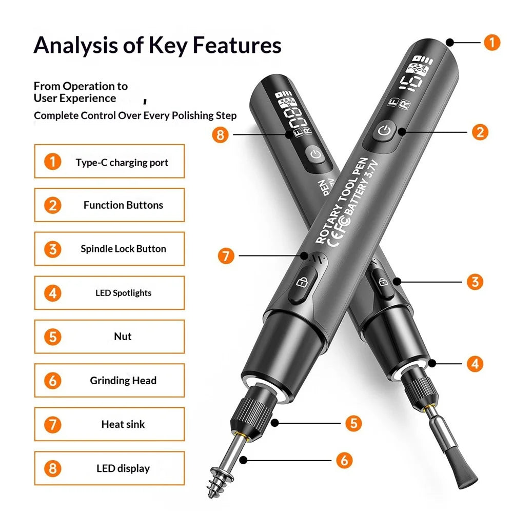 Precision Grinding Pen 6-Speed 5000-16000RPM Cordless Rotary Tool Kit with Digital Display for Polishing Drilling - TK-RPT-G - 2