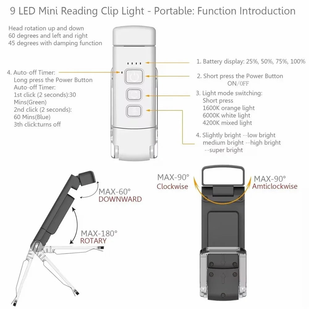 Eye Care Plastic Reading Light LED Lamp Book Light with Book Page Holder - Black - 7