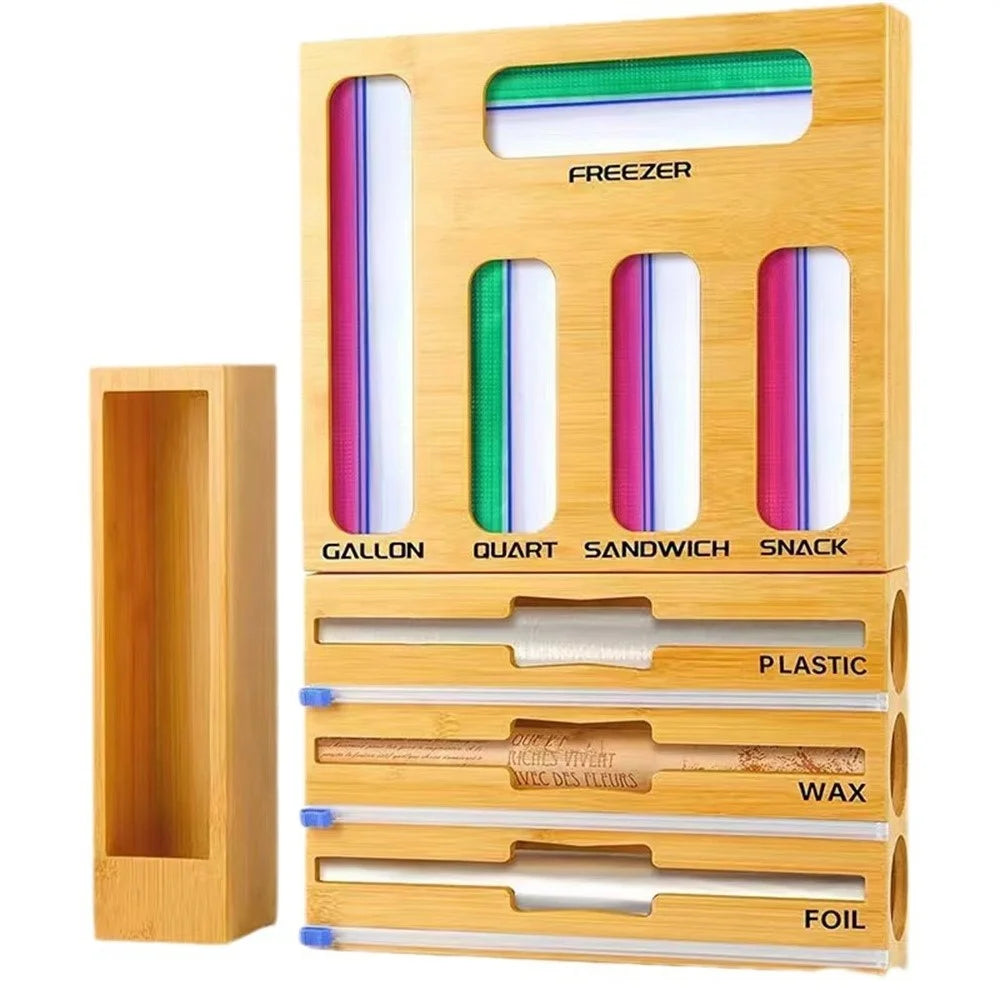 9 in 1 Kitchen Plastic Wrap Cutting Box Food Storage Bags Bamboo Dispenser Box - 1