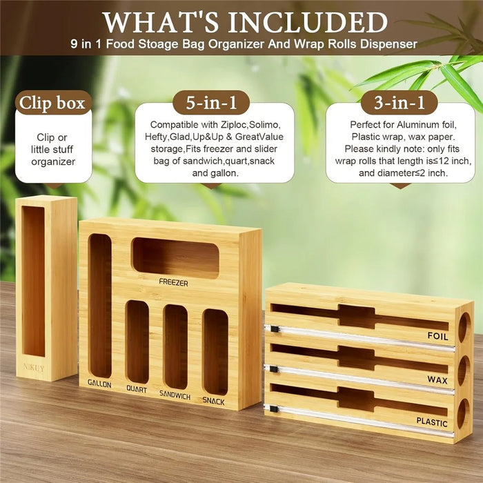 9 in 1 Kitchen Plastic Wrap Cutting Box Food Storage Bags Bamboo Dispenser Box - 3