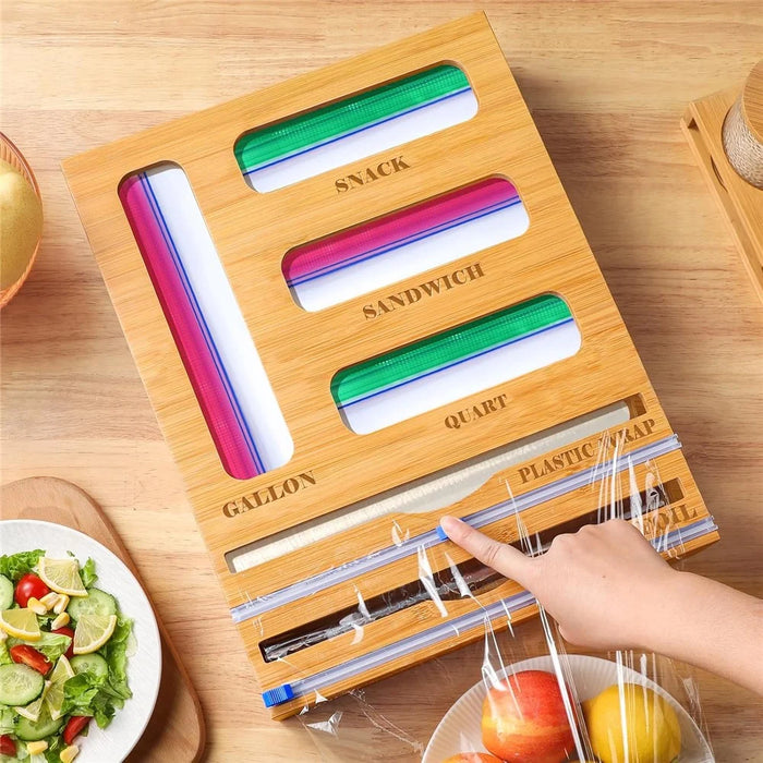 9 in 1 Kitchen Plastic Wrap Cutting Box Food Storage Bags Bamboo Dispenser Box - 4