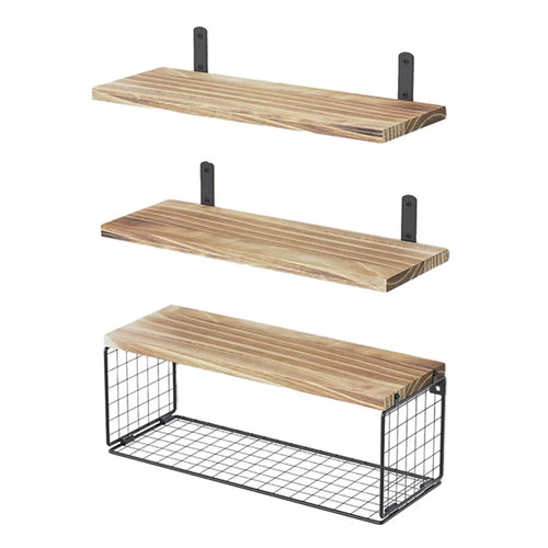 3Pcs / Set Wall-Mounted Storage Rack Iron Wire Basket Wooden Rack Kitchen Spice Potted Plants Shelf - 1