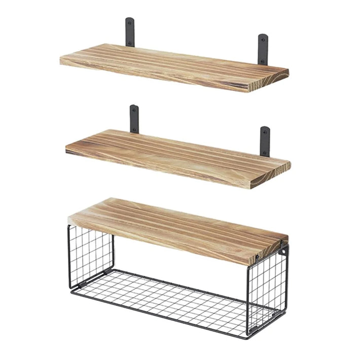3Pcs / Set Wall-Mounted Storage Rack Iron Wire Basket Wooden Rack Kitchen Spice Potted Plants Shelf - 1
