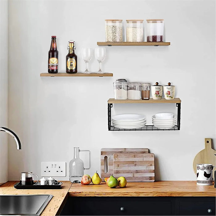 3Pcs / Set Wall-Mounted Storage Rack Iron Wire Basket Wooden Rack Kitchen Spice Potted Plants Shelf - 3