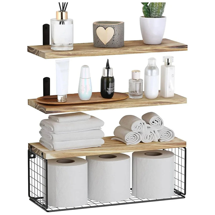 3Pcs / Set Wall-Mounted Storage Rack Iron Wire Basket Wooden Rack Kitchen Spice Potted Plants Shelf - 4