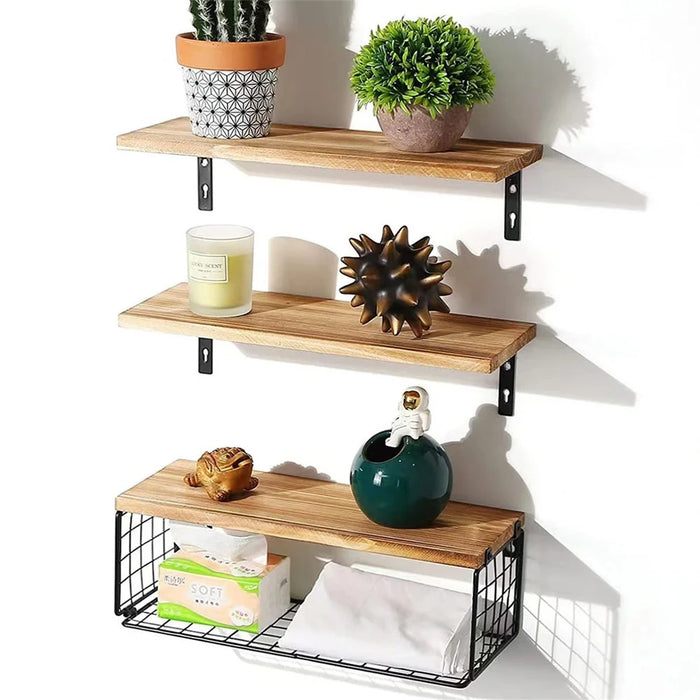 3Pcs / Set Wall-Mounted Storage Rack Iron Wire Basket Wooden Rack Kitchen Spice Potted Plants Shelf - 5