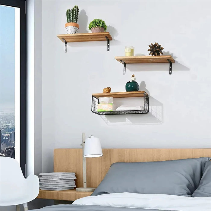 3Pcs / Set Wall-Mounted Storage Rack Iron Wire Basket Wooden Rack Kitchen Spice Potted Plants Shelf - 6