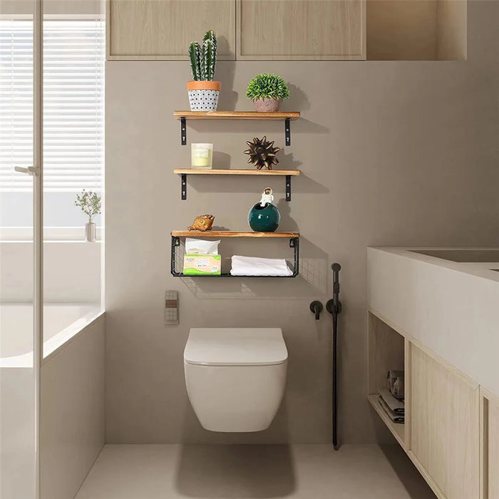 3Pcs / Set Wall-Mounted Storage Rack Iron Wire Basket Wooden Rack Kitchen Spice Potted Plants Shelf - 7