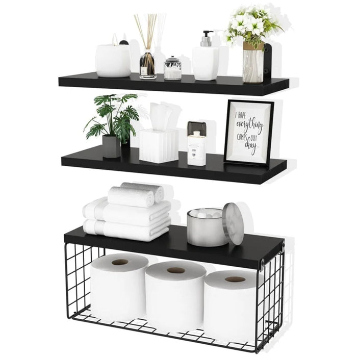 Wall Mounted Suspended Partition Wooden Board Iron Wire Basket Bathroom Living Room Storage Rack - Black - 1
