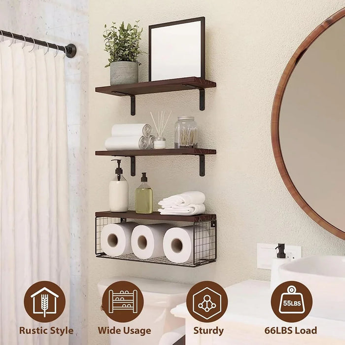 Wall Mounted Suspended Partition Wooden Board Iron Wire Basket Bathroom Living Room Storage Rack - Black - 2