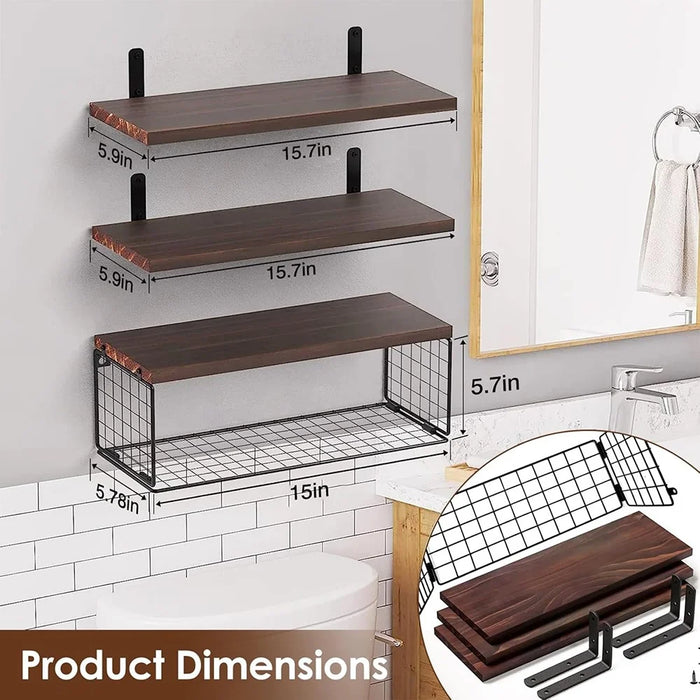 Wall Mounted Suspended Partition Wooden Board Iron Wire Basket Bathroom Living Room Storage Rack - Black - 3