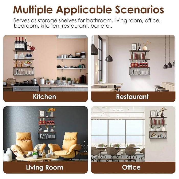 Wall Mounted Suspended Partition Wooden Board Iron Wire Basket Bathroom Living Room Storage Rack - Black - 6