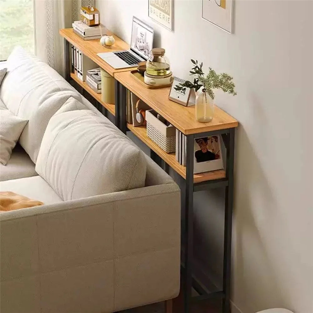 120x20cm Narrow Space Saver Storage Rack Sofa Bedside Wall Gap Dual Layer Organizer Shelf - Black Frame - 1