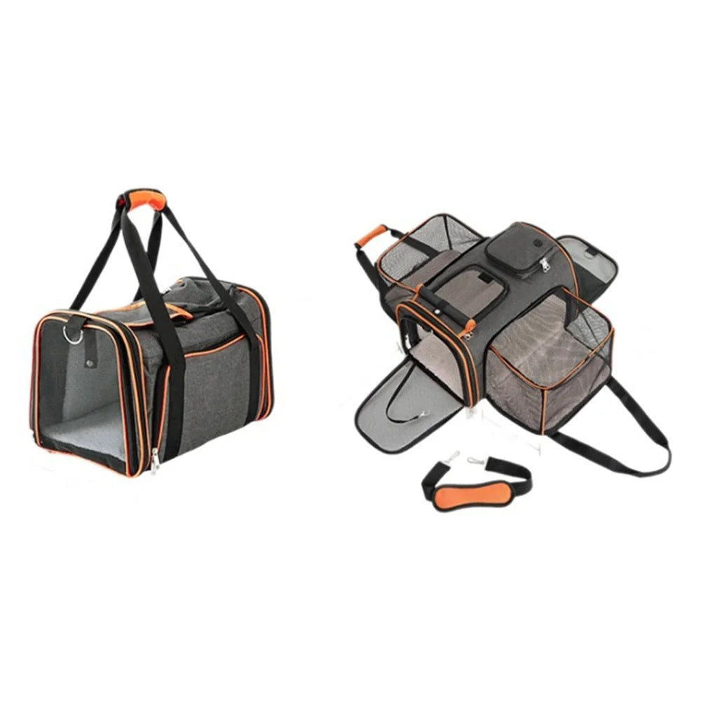 Portable Foldable Pet Carrier Handbag Expandable Breathable Cat Dog Travel Bag with Shoulder Strap - Orange Gray - 1