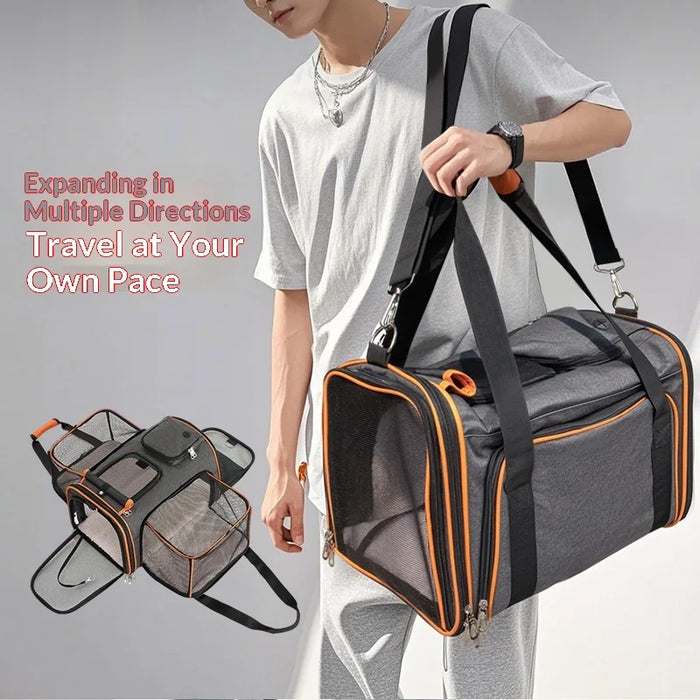 Portable Foldable Pet Carrier Handbag Expandable Breathable Cat Dog Travel Bag with Shoulder Strap - Orange Gray - 4