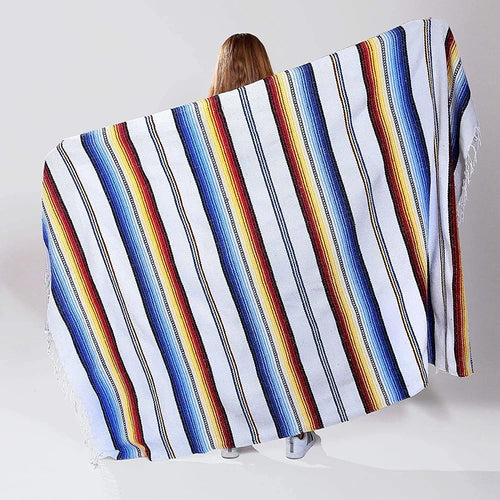 150 x 215cm Handwoven Mexican Blanket for Yoga Camping Hiking Handcrafted Beach Blanket Authentic Serape Bedside Blanket Picnic Mat - White - 1