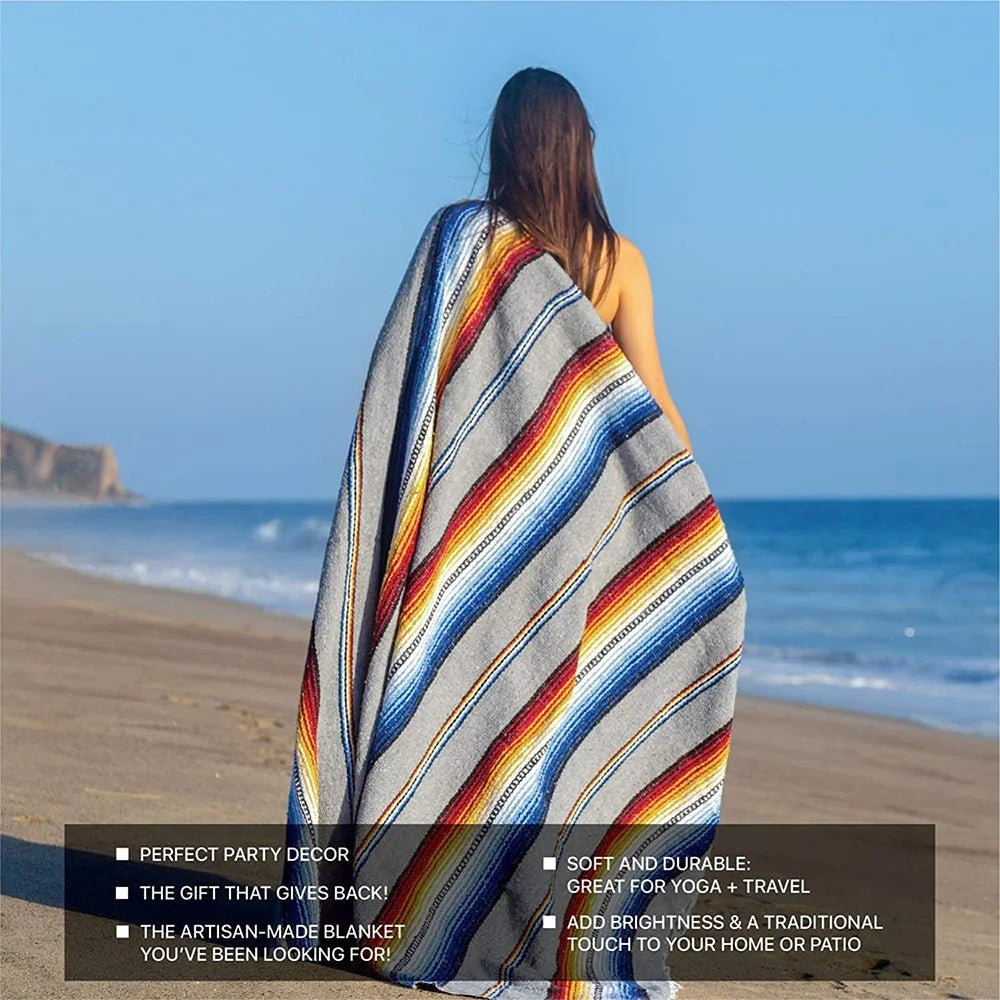 150 x 215cm Handwoven Mexican Blanket for Yoga Camping Hiking Handcrafted Beach Blanket Authentic Serape Bedside Blanket Picnic Mat - White - 3