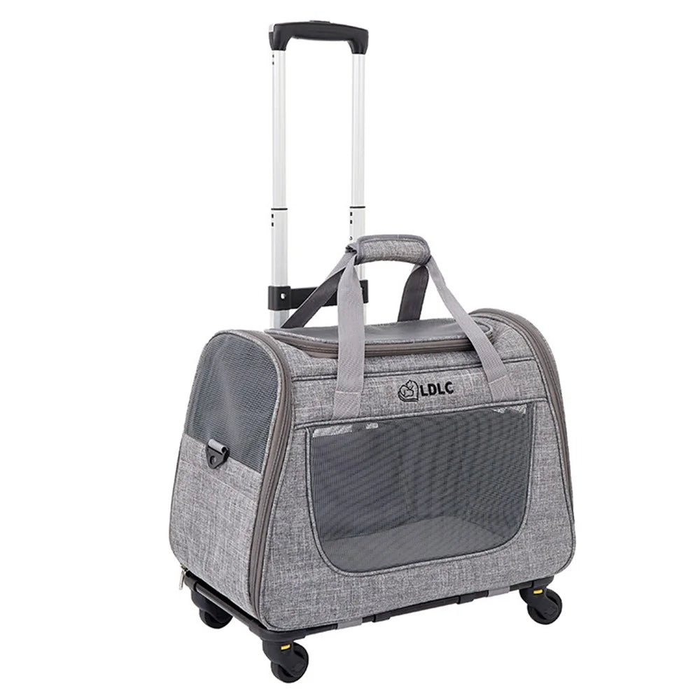 LDLC QS-008-L Pet Gift Stroller Breathable Detachable Large Capacity Cat Dog Carrier 4-Wheels Luggage Rod Stroller, Size XL - Light Grey - 1