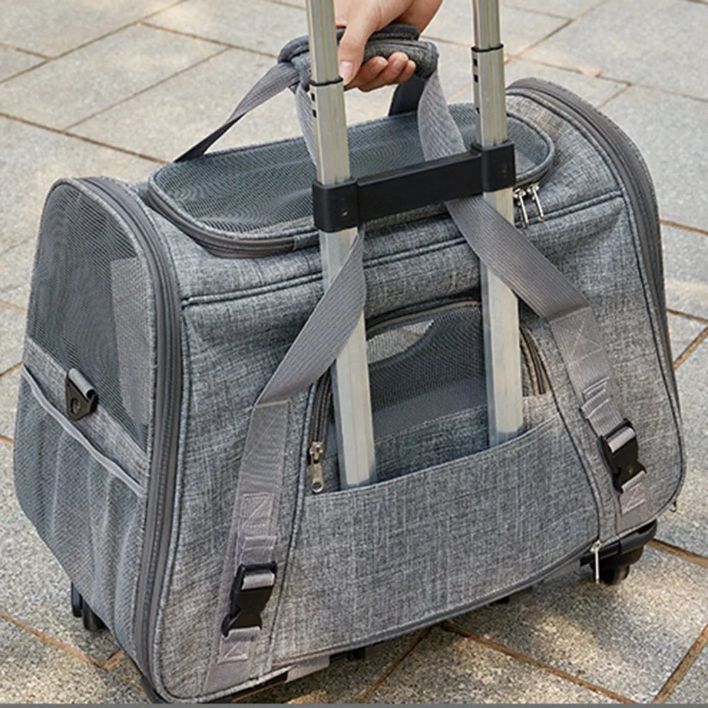 LDLC QS-008-L Pet Gift Stroller Breathable Detachable Large Capacity Cat Dog Carrier 4-Wheels Luggage Rod Stroller, Size XL - Light Grey - 6