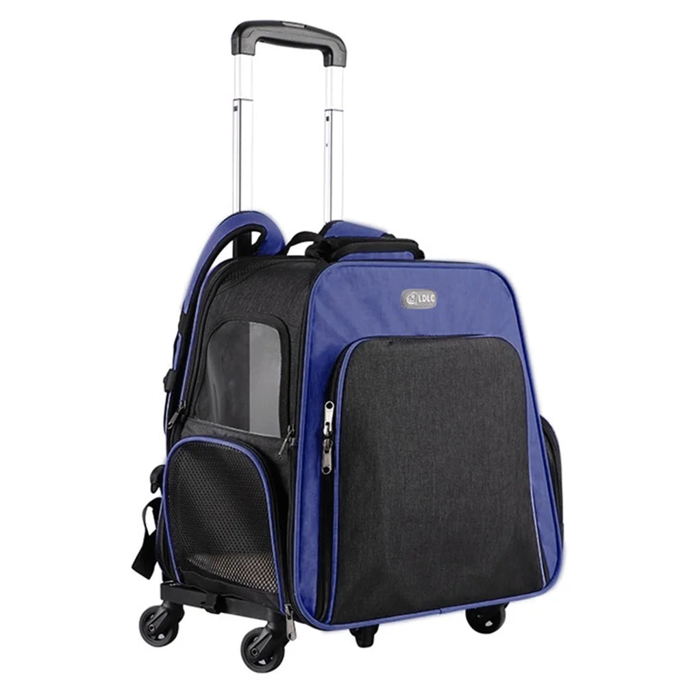 LDLC QS-052 Portable Travel Breathable Pet Gift Carrier Backpack Expandable Folding Dog Cat Carrying Trolley Bag - Dark Blue - 1