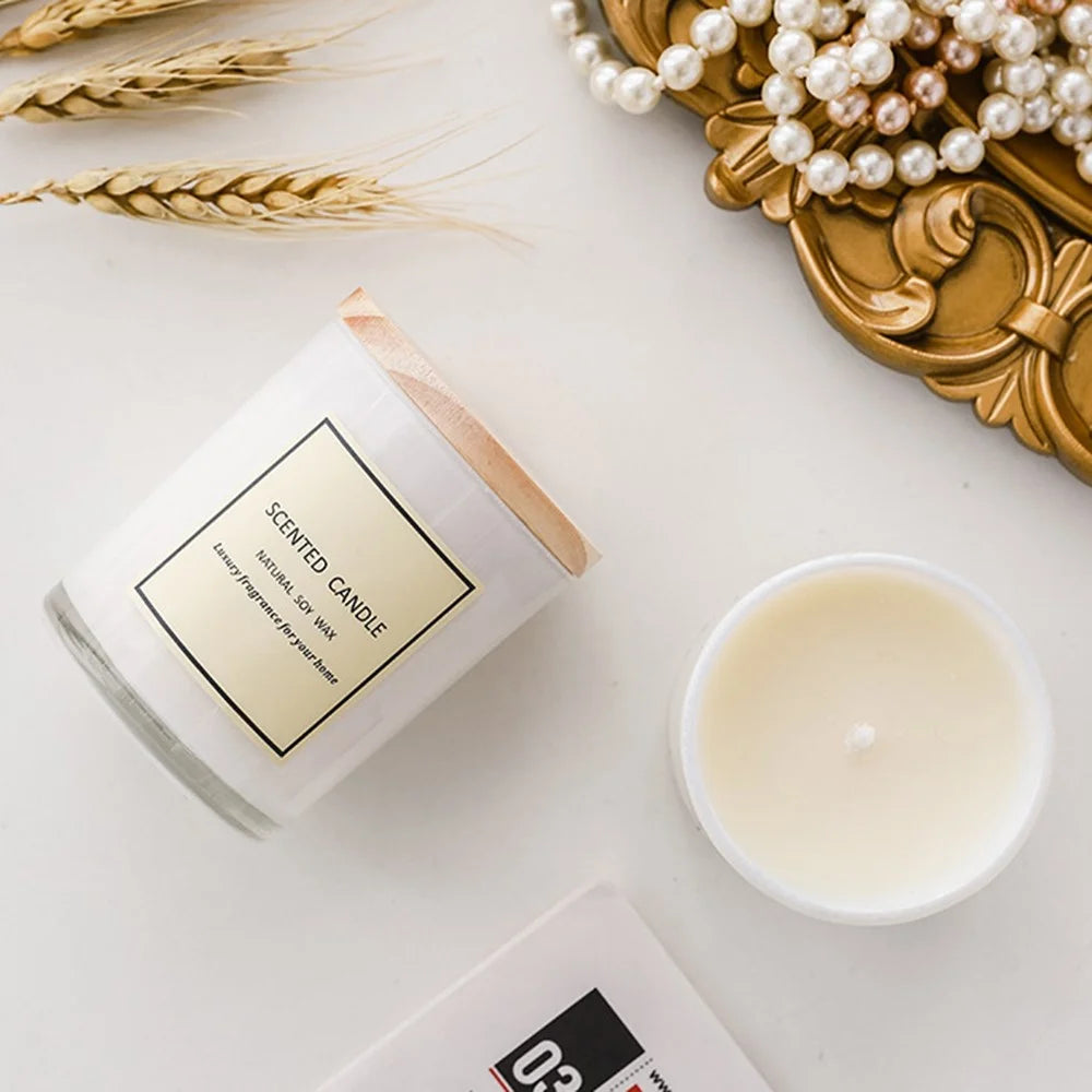 XY185 Strong Scented Soy Wax Aromatherapy Candle with Wood Cover White Glass Jar - Gardenia - 5