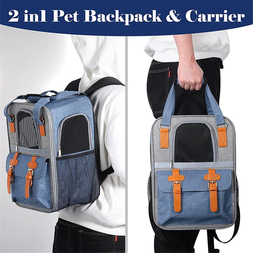 Large Pet Dog Carrier Backpack PVC + Oxford Cloth Cat Carrier Shoulders Bag Handbag with Breathable Mesh - Blue - 2