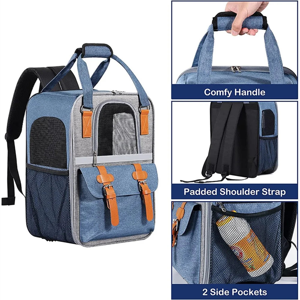Large Pet Dog Carrier Backpack PVC + Oxford Cloth Cat Carrier Shoulders Bag Handbag with Breathable Mesh - Blue - 4