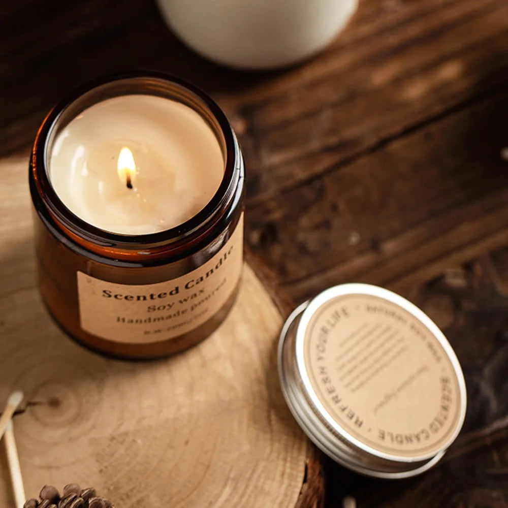 XY-8924 Scented Candle Soy Wax Brown Jar Candles with Lid Up to 40 Hours Burning Time - Amber / Moss - 3