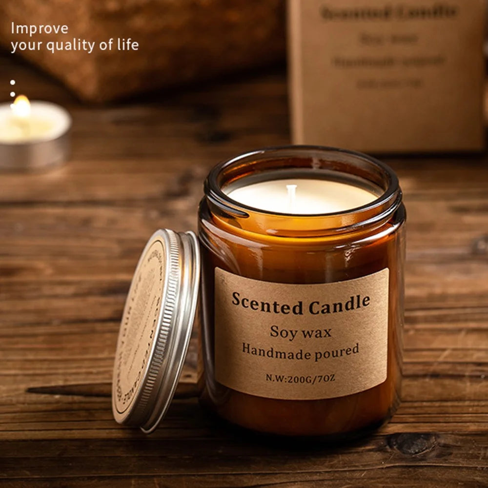 XY-8924 Scented Candle Soy Wax Brown Jar Candles with Lid Up to 40 Hours Burning Time - Amber / Moss - 4