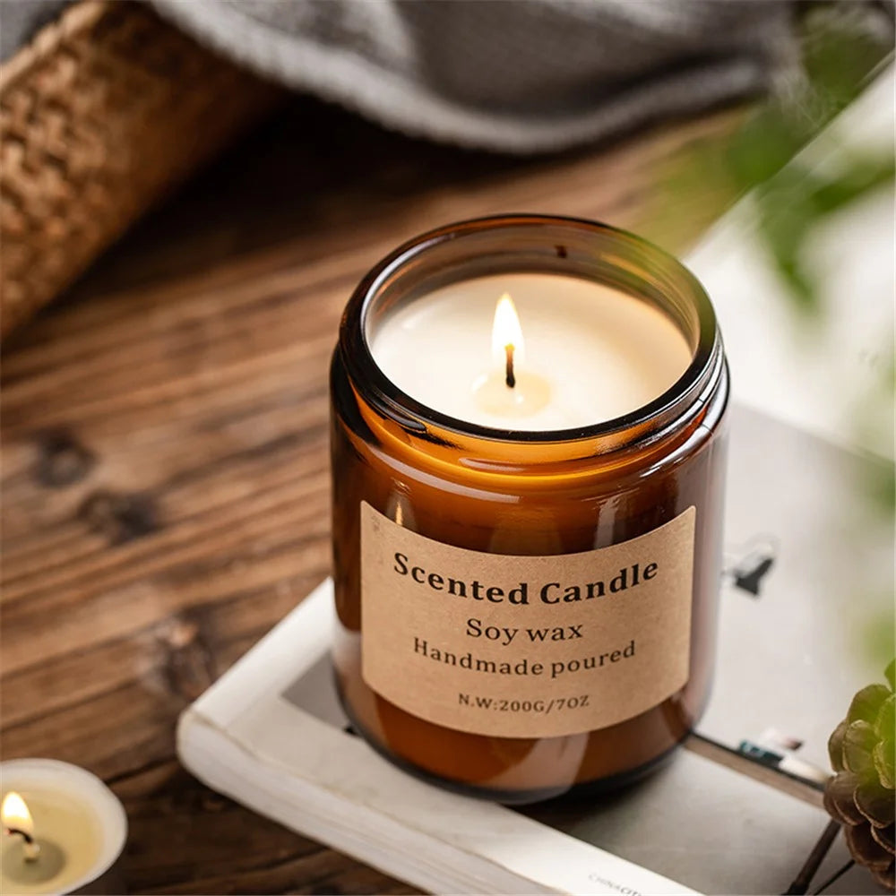 XY-8924 Scented Candle Soy Wax Brown Jar Candles with Lid Up to 40 Hours Burning Time - Amber / Moss - 5