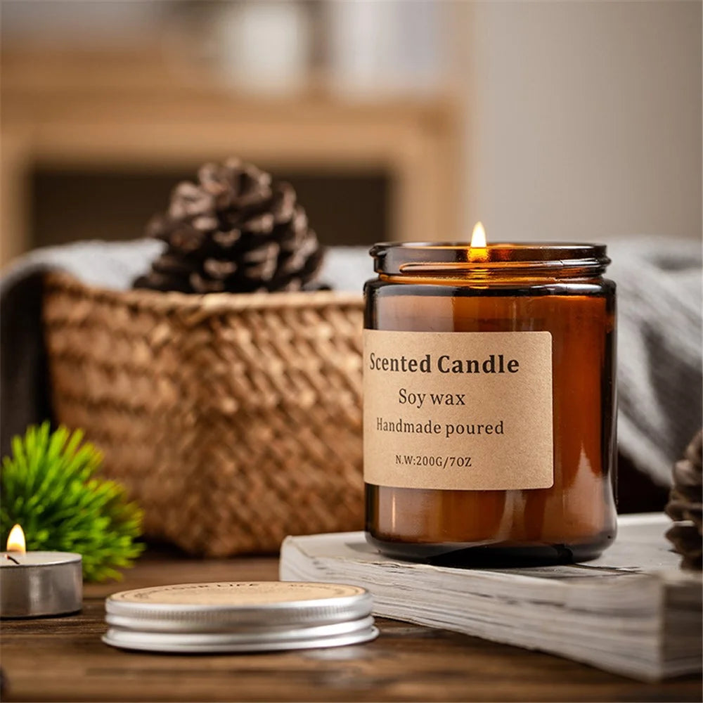 XY-8924 Scented Candle Soy Wax Brown Jar Candles with Lid Up to 40 Hours Burning Time - Amber / Moss - 6