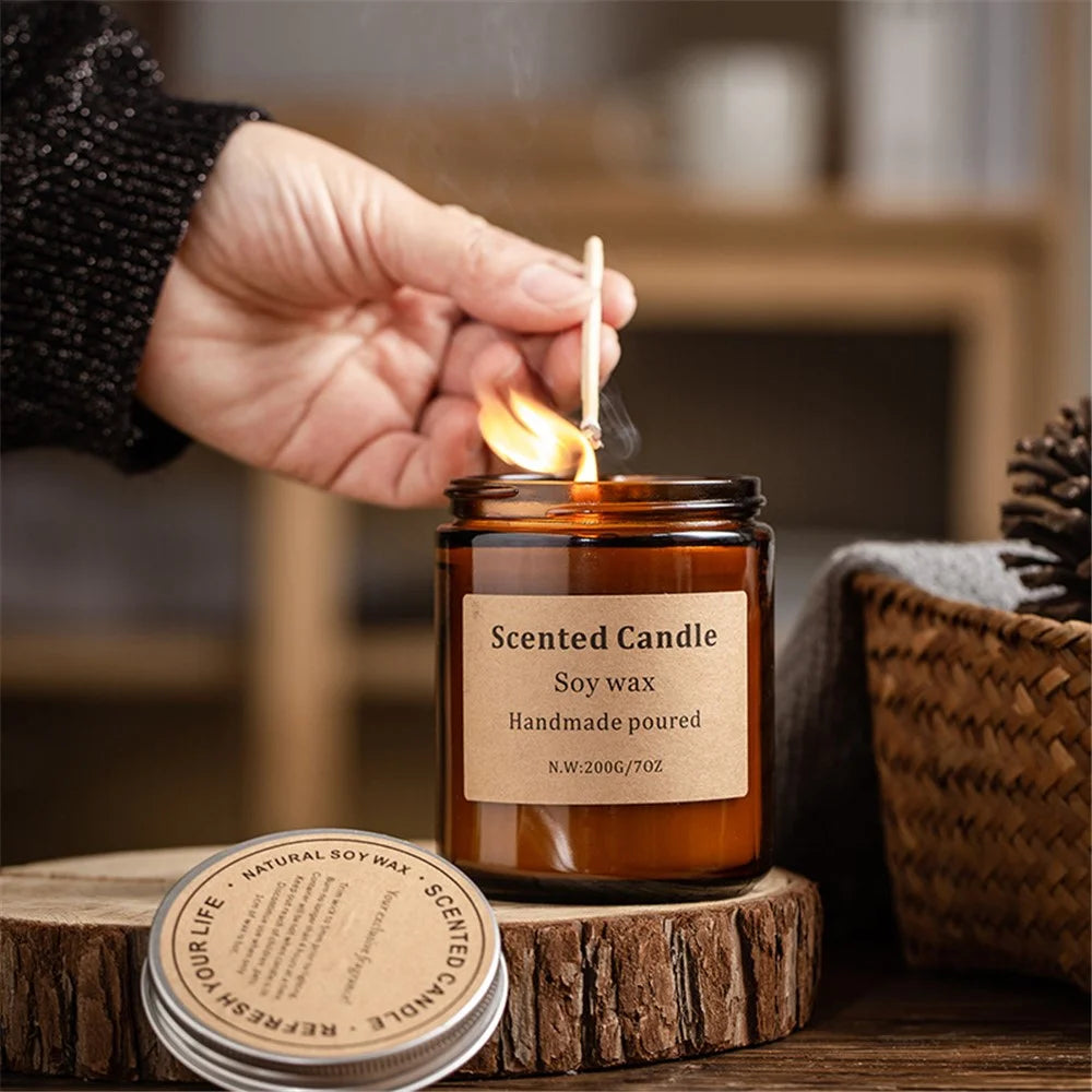 XY-8924 Scented Candle Soy Wax Brown Jar Candles with Lid Up to 40 Hours Burning Time - Amber / Moss - 7