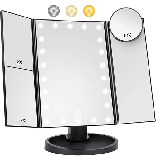 3 Side Foldable Makeup Mirror Dimmable Light 22LED Tabletop Vanity Mirror with Small Round Mirror - Black - 1