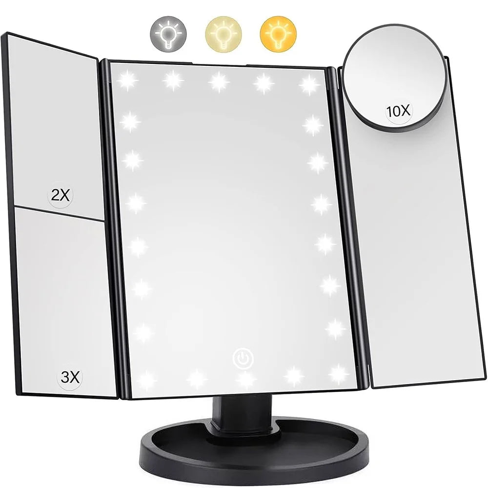 3 Side Foldable Makeup Mirror Dimmable Light 22LED Tabletop Vanity Mirror with Small Round Mirror - Black - 1