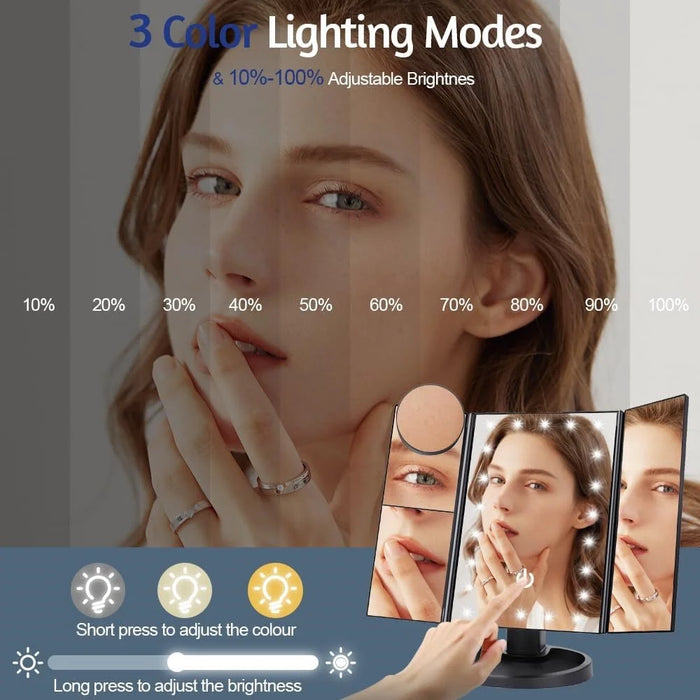 3 Side Foldable Makeup Mirror Dimmable Light 22LED Tabletop Vanity Mirror with Small Round Mirror - Black - 2