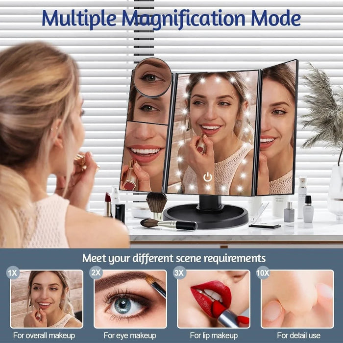 3 Side Foldable Makeup Mirror Dimmable Light 22LED Tabletop Vanity Mirror with Small Round Mirror - Black - 3