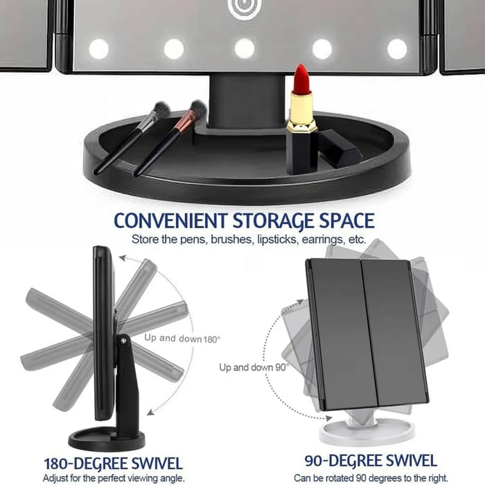 3 Side Foldable Makeup Mirror Dimmable Light 22LED Tabletop Vanity Mirror with Small Round Mirror - Black - 4