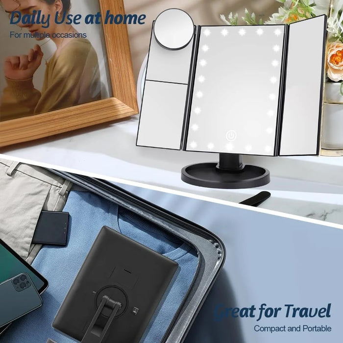 3 Side Foldable Makeup Mirror Dimmable Light 22LED Tabletop Vanity Mirror with Small Round Mirror - Black - 6