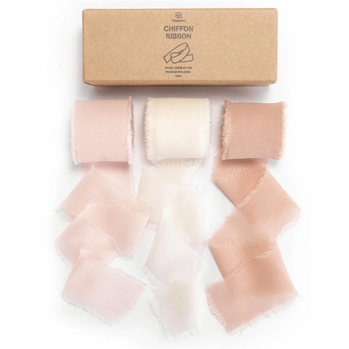 3 Rolls Handmade Frayed Edged Chiffon Ribbon for Wedding Invitation Wrapping Bouquets Decor - Style A - 1