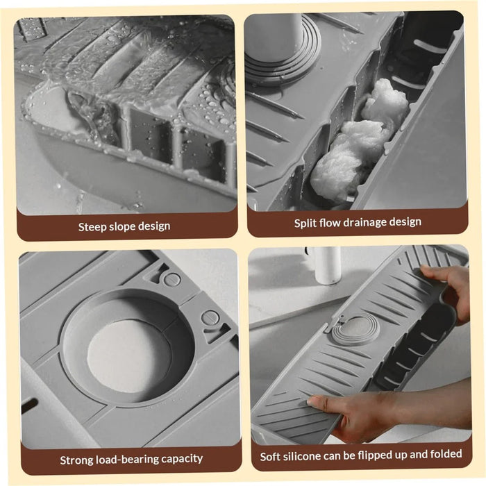 Silicone Faucet Splash Guard Mat Faucet Sink Drying Mat Dish Sponge Holder for Home Kitchen - Grey - 4