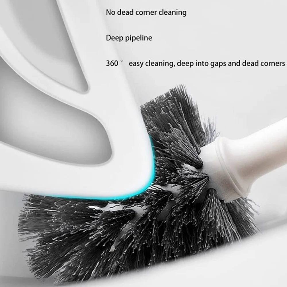 Long Handle Toilet Cleaner Brush Plunger Bathroom Cleaning Tool with Holder Base Set - 6